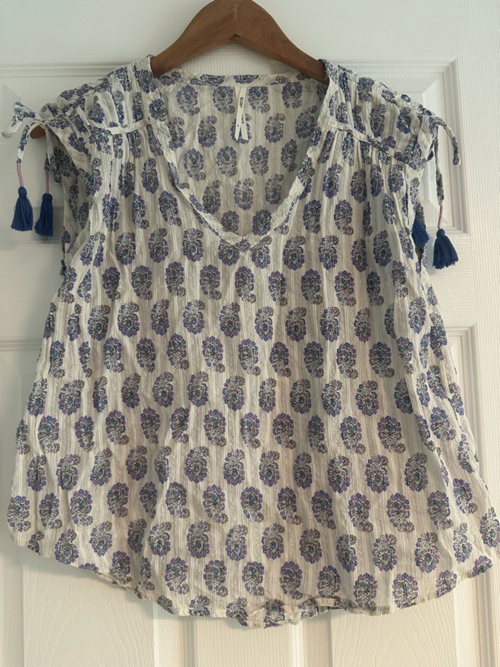 Anthropologie Cream Blouse with Blue Floral Tassel Accents, Size M
